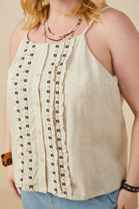 HY9375W Oatmeal Plus Ruffled Tape Trim Linen Tank Detail
