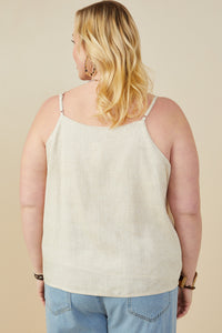 HY9375W Oatmeal Plus Ruffled Tape Trim Linen Tank Back