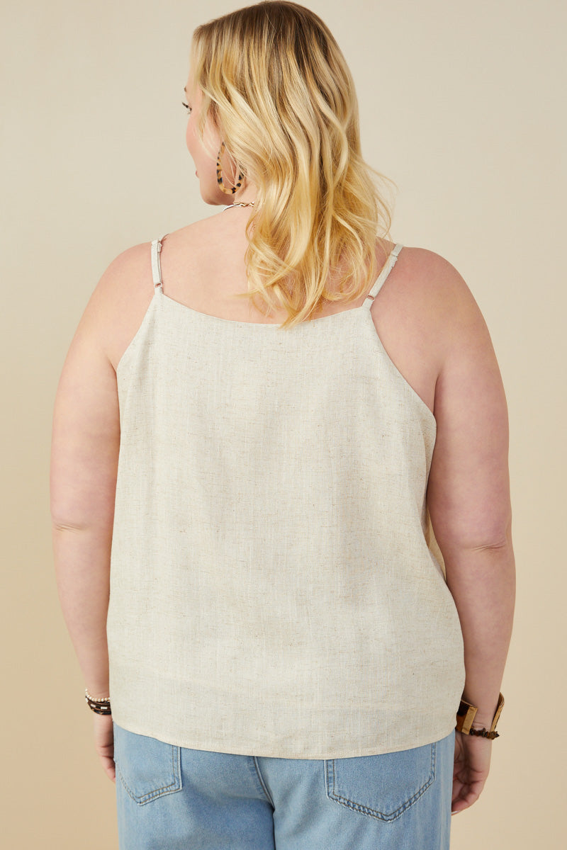 HY9375W Oatmeal Plus Ruffled Tape Trim Linen Tank Back