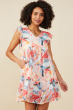 Womens Large Floral Print V Neck Ruffle Sleeve Dress