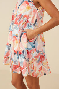 HY9389 Red Womens Large Floral Print V Neck Ruffle Sleeve Dress Detail