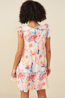 HY9389 Red Womens Large Floral Print V Neck Ruffle Sleeve Dress Back