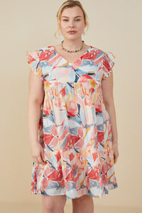 HY9389W Red Womens Large Floral Print V Neck Ruffle Sleeve Dress Front