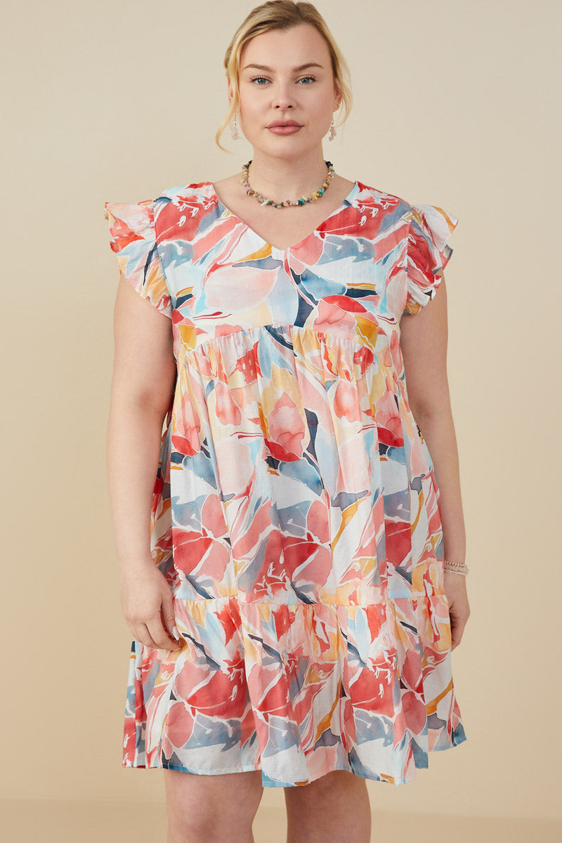 Womens Large Floral Print V Neck Ruffle Sleeve Dress