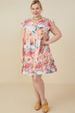HY9389W Red Womens Large Floral Print V Neck Ruffle Sleeve Dress Pose