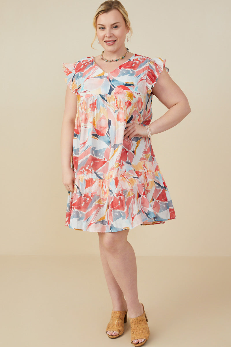 HY9389W Red Womens Large Floral Print V Neck Ruffle Sleeve Dress Pose