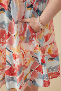 HY9389W Red Womens Large Floral Print V Neck Ruffle Sleeve Dress Detail