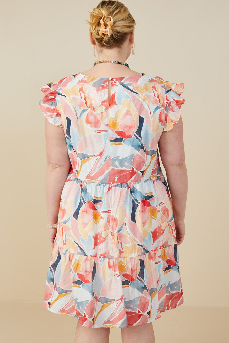 HY9389W Red Womens Large Floral Print V Neck Ruffle Sleeve Dress Back