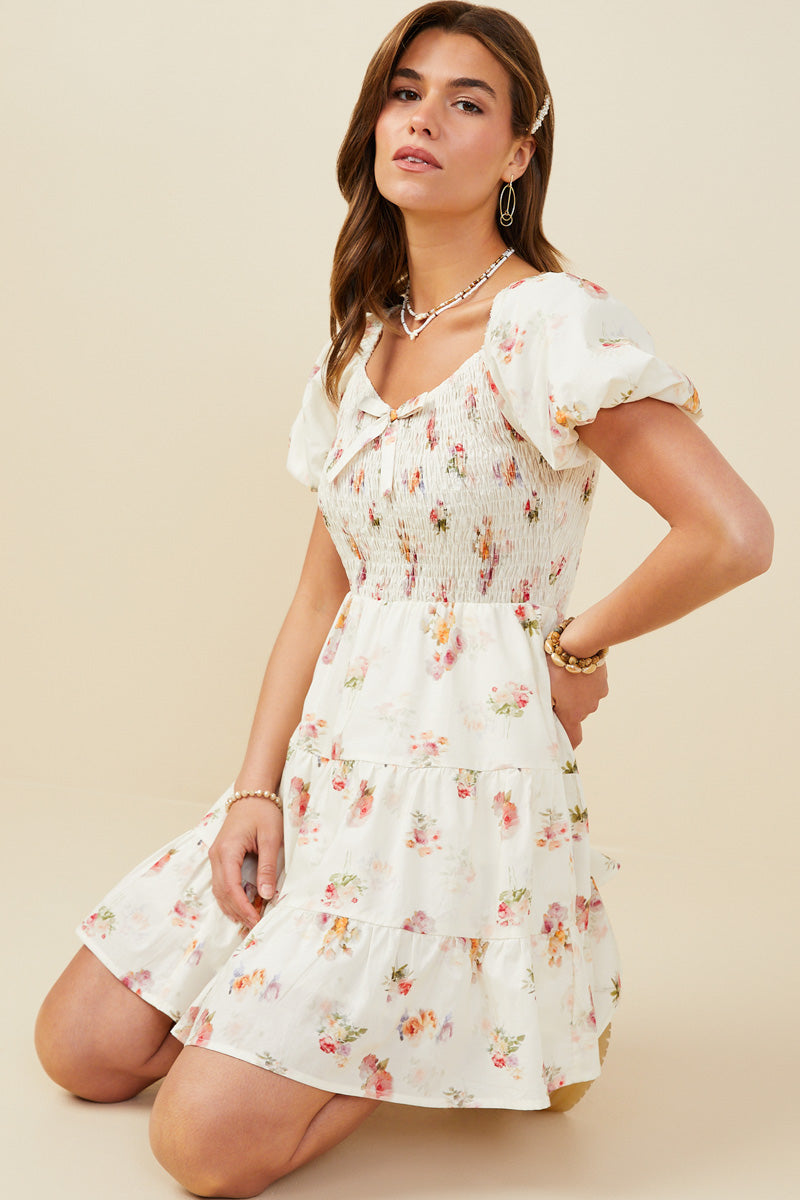 Womens Bow Detailed Smocked Textured Floral Dress