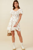 HY9415 Cream Womens Bow Detailed Smocked Textured Floral Dress Pose