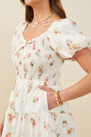 HY9415 Cream Womens Bow Detailed Smocked Textured Floral Dress Detail