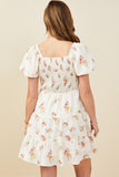 HY9415 Cream Womens Bow Detailed Smocked Textured Floral Dress Back