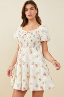 HY9415 Cream Womens Bow Detailed Smocked Textured Floral Dress Front