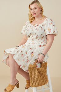 HY9415W Cream Plus Bow Detailed Smocked Textured Floral Dress Side