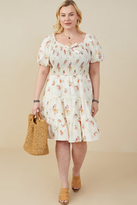 HY9415W Cream Plus Bow Detailed Smocked Textured Floral Dress Front