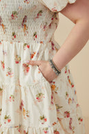 HY9415W Cream Plus Bow Detailed Smocked Textured Floral Dress Detail