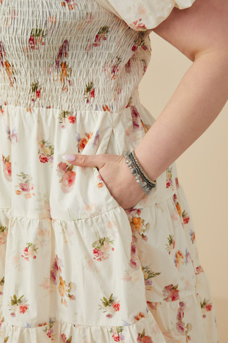 HY9415W Cream Plus Bow Detailed Smocked Textured Floral Dress Detail