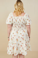 HY9415W Cream Plus Bow Detailed Smocked Textured Floral Dress Back