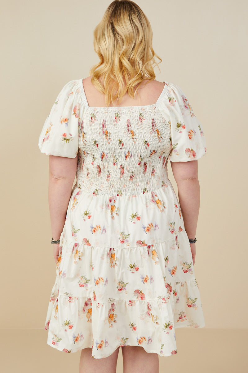 HY9415W Cream Plus Bow Detailed Smocked Textured Floral Dress Back