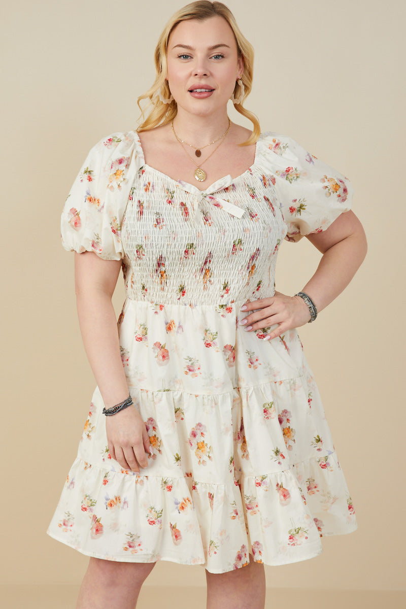 HY9415W Cream Plus Bow Detailed Smocked Textured Floral Dress Detail Front 2