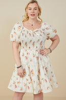 HY9415W Cream Plus Bow Detailed Smocked Textured Floral Dress Detail Front 2