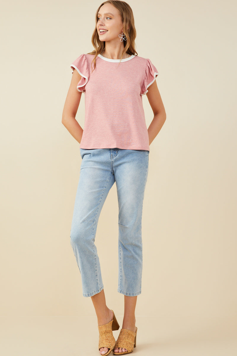 HY9444 Pink Womens Heathered Contrast Piped Ruffle Top Pose