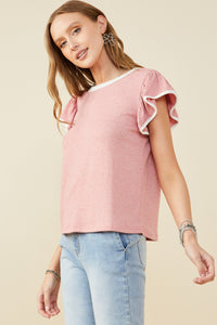 HY9444 Pink Womens Heathered Contrast Piped Ruffle Top Side