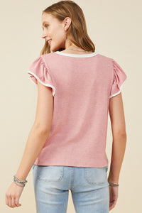 HY9444 Pink Womens Heathered Contrast Piped Ruffle Top Back
