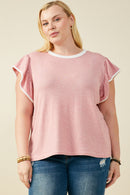 HY9444W Pink Plus Heathered Contrast Piped Ruffle Top Front