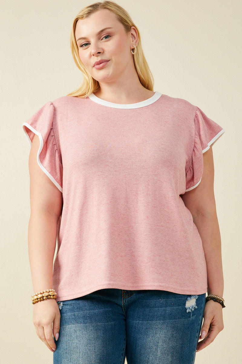 HY9444W Pink Plus Heathered Contrast Piped Ruffle Top Front