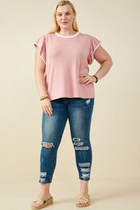 HY9444W Pink Plus Heathered Contrast Piped Ruffle Top Pose