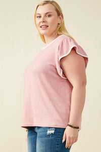 HY9444W Pink Plus Heathered Contrast Piped Ruffle Top Side
