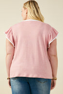 HY9444W Pink Plus Heathered Contrast Piped Ruffle Top Back