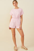 HY9454 Mauve Womens Bow Embroidered French Terry Boxer Shorts Pose