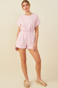 HY9454 Mauve Womens Bow Embroidered French Terry Boxer Shorts Pose