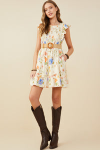 HY9505 Cream Womens Textured Floral Print Smocked Ruffle Tank Dress Pose