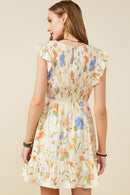 HY9505 Cream Womens Textured Floral Print Smocked Ruffle Tank Dress Back