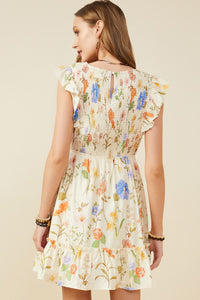 HY9505 Cream Womens Textured Floral Print Smocked Ruffle Tank Dress Back