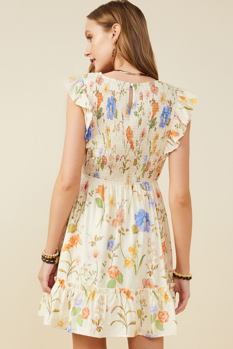 HY9505 Cream Womens Textured Floral Print Smocked Ruffle Tank Dress Back