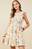HY9505 Cream Womens Textured Floral Print Smocked Ruffle Tank Dress Front