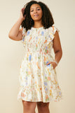 HY9505W Cream Womens Textured Floral Print Smocked Ruffle Tank Dress Front