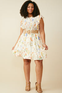 HY9505W Cream Womens Textured Floral Print Smocked Ruffle Tank Dress Pose