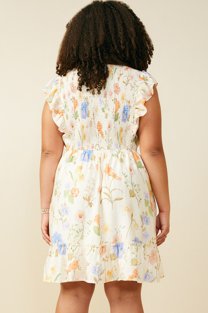 HY9505W Cream Womens Textured Floral Print Smocked Ruffle Tank Dress Back