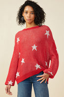 HY9517 Red Womens Star Print Loose Knit Sweater Top Front