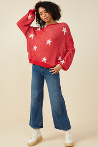 HY9517 Red Womens Star Print Loose Knit Sweater Top Pose
