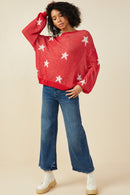 HY9517 Red Womens Star Print Loose Knit Sweater Top Pose