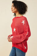 HY9517 Red Womens Star Print Loose Knit Sweater Top Side
