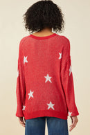 HY9517 Red Womens Star Print Loose Knit Sweater Top Back