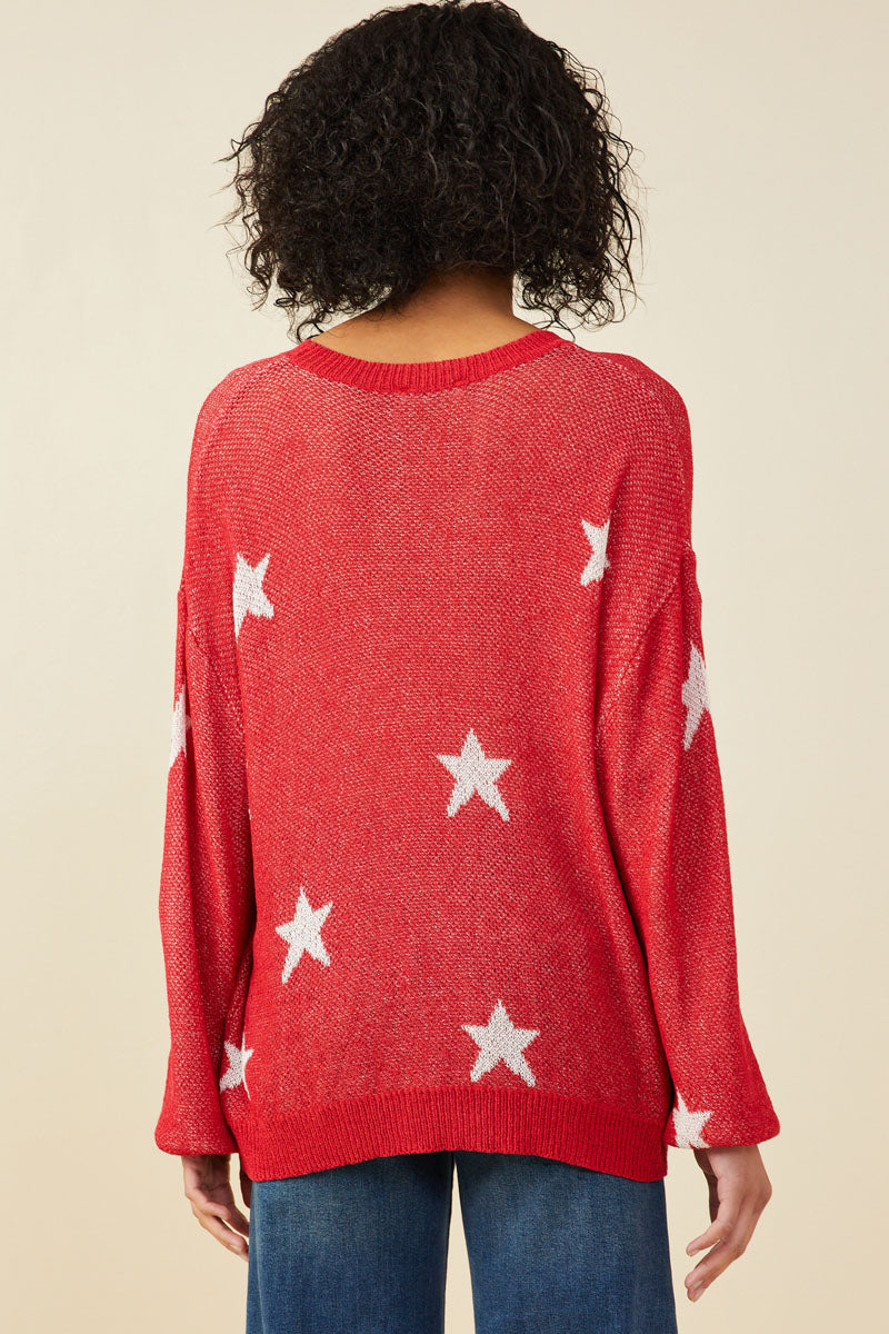HY9517 Red Womens Star Print Loose Knit Sweater Top Back