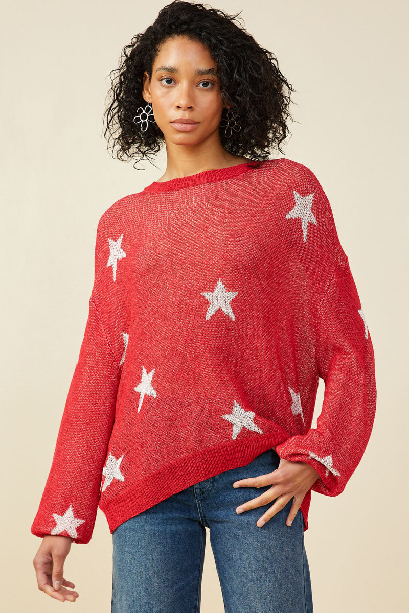 Womens Star Print Loose Knit Sweater Top